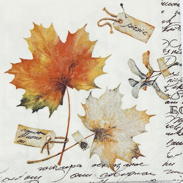 3 Decoupage Beverage Napkins, Delicate Autumn Leaves Collage Botanical 10" x 10" Unfolded