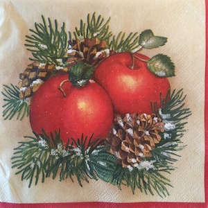 3 Decoupage Vintage Napkins, Winter Red Apples Portrait, 13" x 13" Unfolded