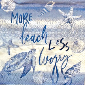 3 servilletas de bebidas de decoupage, tortuga de conchas más playa menos preocupaciones, 10" x 10" desplegadas