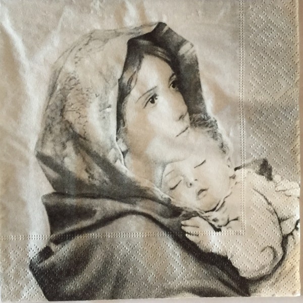 3 Decoupage Napkins, Sagen Vintage Madonna and Child, 13" x 13" Unfolded