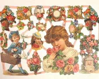 SCRAP RELIEFS Pink Roses Girl (1 sheet) #7231 Embossed Die Cuts - Made in Germany