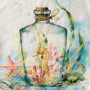 3 servilletas de decoupage para bebidas, botella subacuática caballito de mar algas cangrejo 10" x 10" desplegado