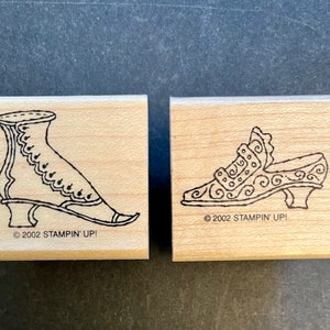 Twee Stampin' Up! Vintage decoratieve houten stempels hoge hak schoenen, 2002