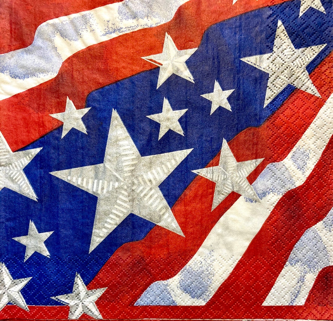 3 Decoupage Napkins, USA Flag Silver Stars and Stripes America 13 X 13