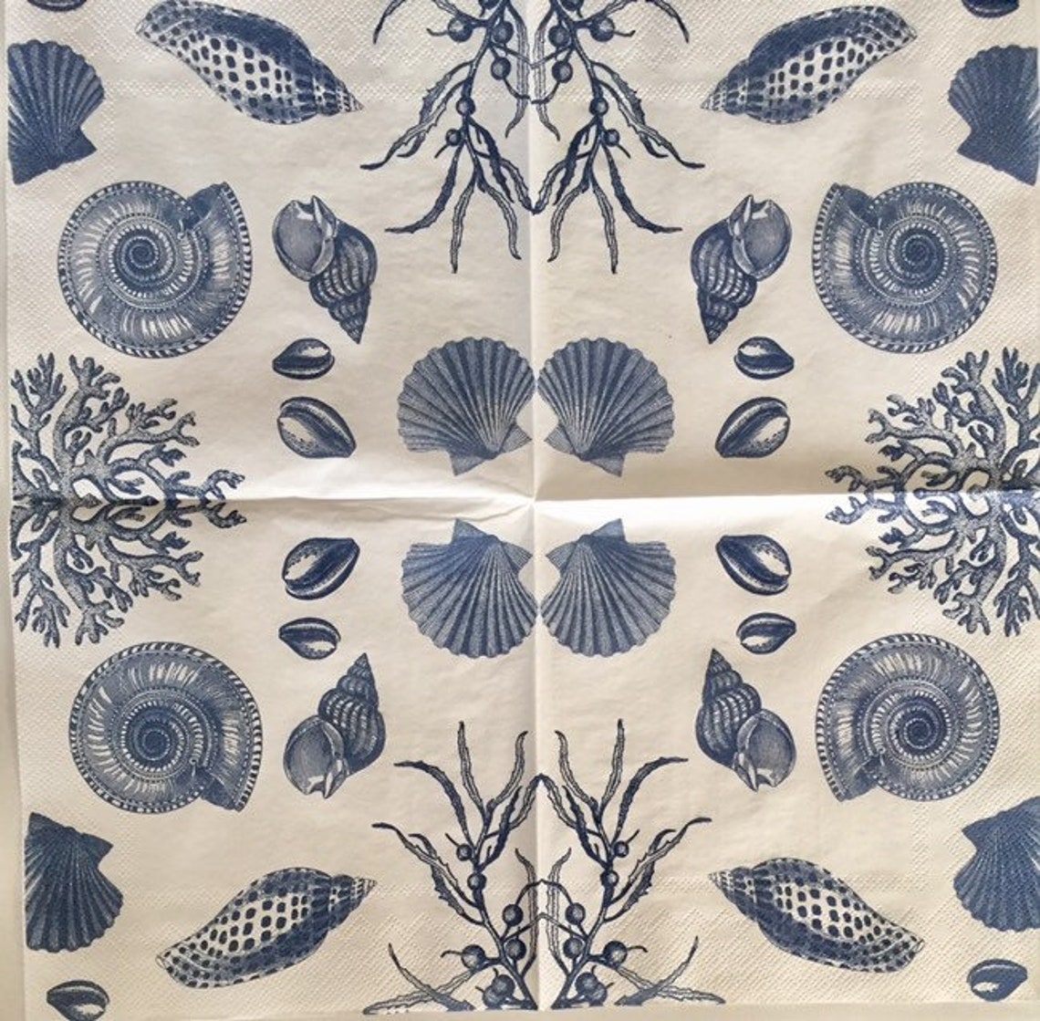 3 Decoupage Napkins Blue White Seashells Seaweed Coral Etsy