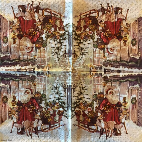 Tovaglioli Natalizi 3 Veli, 33x33 Cm, Confezione Da 20, Con Motivo Maki E Visita Segreta Di Babbo Natale, Per Decoupage O Tavola