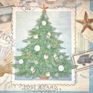 3 tovaglioli decoupage, cartolina d'epoca albero di Natale costiero, 13" x 13" aperto