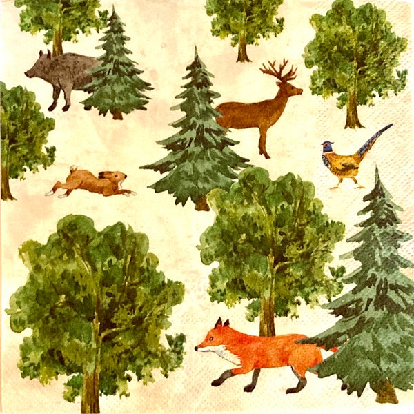 3 Decoupage Napkins, Woodland Forest Fox Animals, 13" x 13" unfolded
