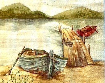 3 decoupage-servetter för drycker, roddbåtar, fiskesjöbrygga, 25 x 25 cm utfällda