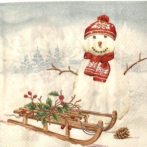 3 Decoupage Napkins, Snowman With Sled 13" x 13" Unfolded