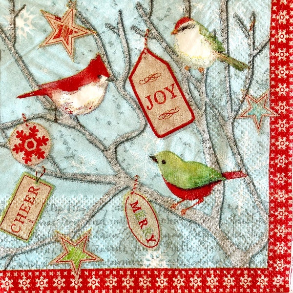 3 Decoupage Beverage Napkins, Christmas Birds Branches Gift Tags 10" x 10" Unfolded
