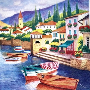 3 Decoupage-Servietten – Lago di Como, Spanien, Sommer, 33 x 33 cm aufgeklappt