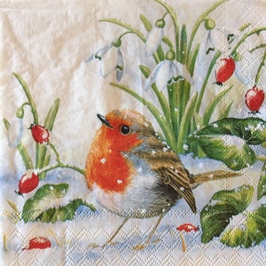 3 Serviettes de découpage, Round Robin Bird in Snow 13" x 13" Déplié