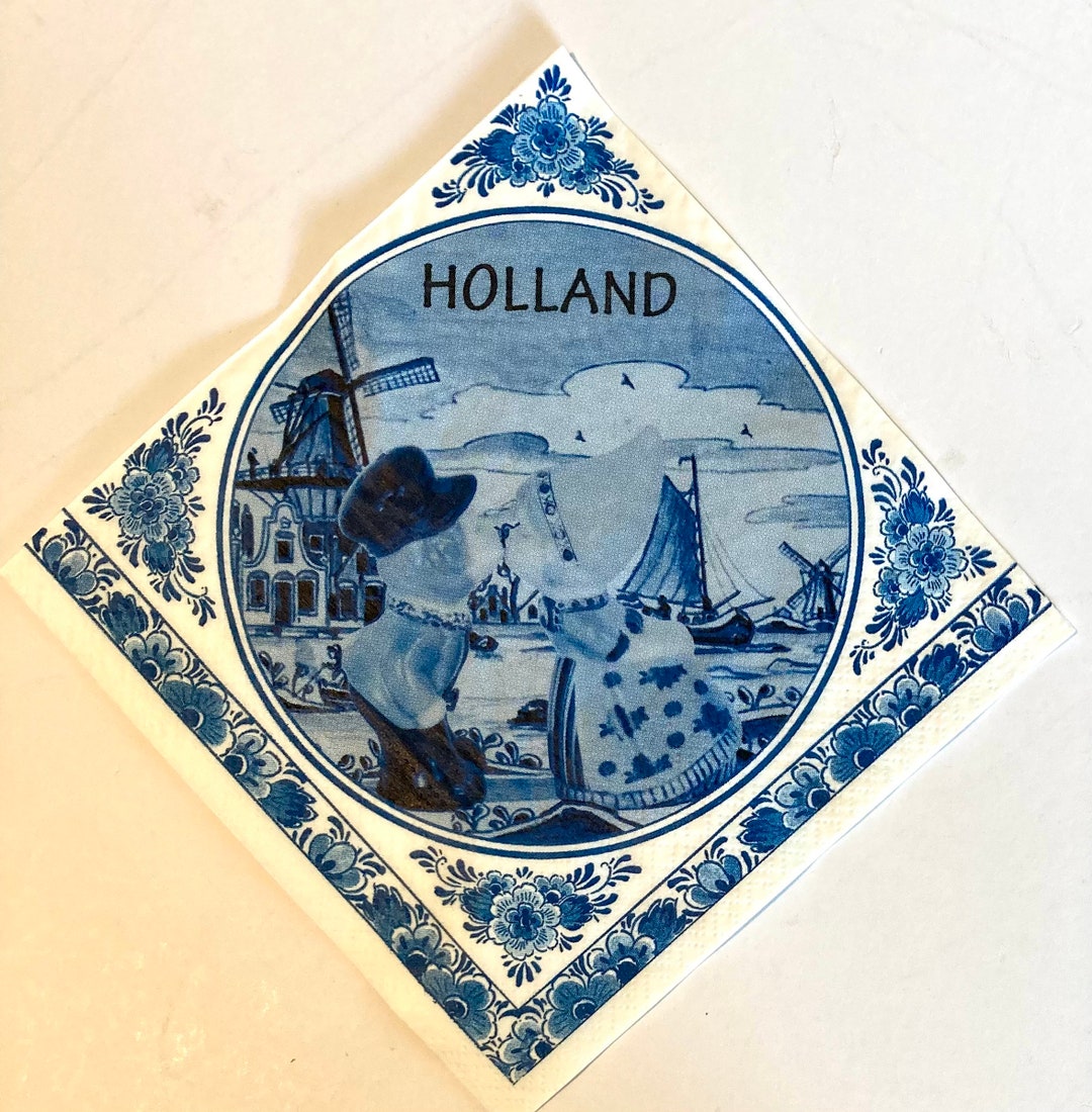 3 Decoupage Napkins, Vintage Holland Dutch Blue White 13 X 13 Unfolded