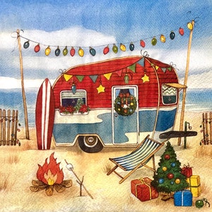 3 guardanapos de decupagem, trailer de acampamento de praia de Natal 13" x 13" desdobrado