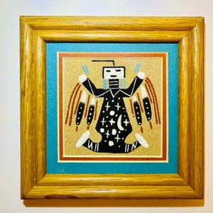 Vintage 5”x5” Small Framed Navajo Sand Painting Father Sun, Signed John Benally