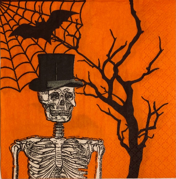 3 Decoupage Beverage Napkins - Halloween Skeleton with Hat, 10" x 10" Unfolded