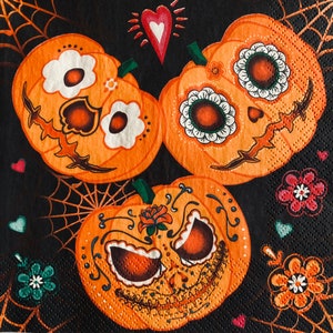 3 serviettes de découpage, Halloween Mexicain Dia de Los Muertos Citrouilles 13 " x 13 " Déplier