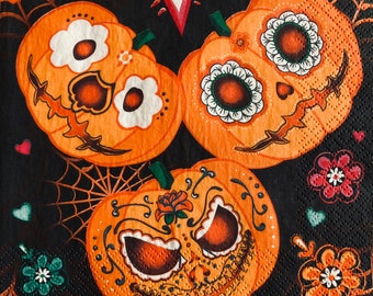 3 Decoupage Napkins, Halloween Mexican Dia de Los Muertos Pumpkins 13" x 13" Unfolded