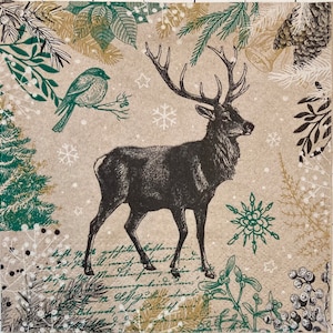 3 Decoupage Napkins, Winter Stag Collage Recycled Paper, 13&quot; x 13&quot;  Unfolded