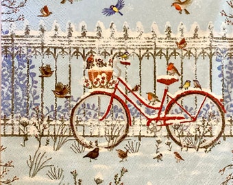 3 Decoupage Napkins, Snowy Christmas Red Bicycle, 13" x 13" unfolded