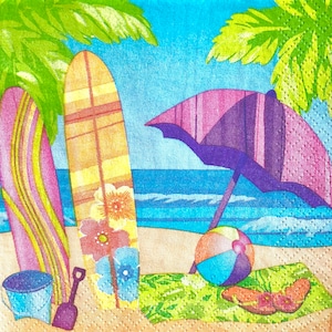 3 Decoupage Beverage Napkins, Summer Surfboards Beach 10" x 10" unfolded