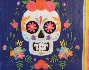 3 serviettes pour découpage - Día de los Muertos Jour des morts, crâne de fleurs de calavera bleu foncé, 33 x 33 cm