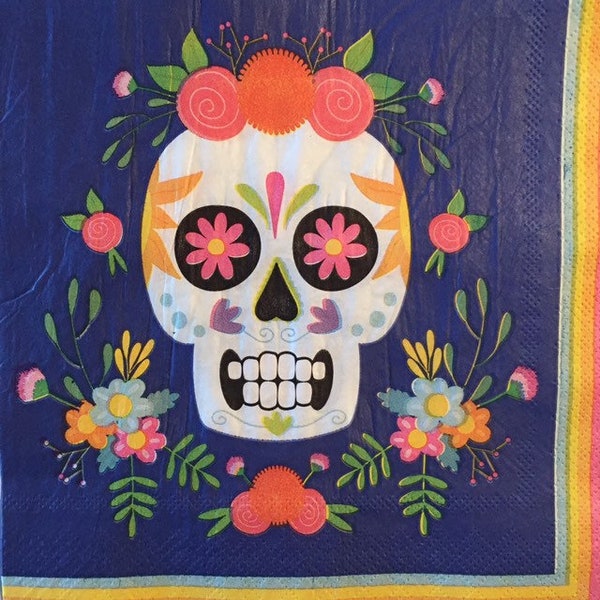 3 Decoupage Napkins - Día De Los Muertos Day of the Dead Dark Blue Calavera Flower Sugar Skull, 13" x 13"