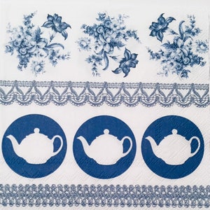 3 Decoupage Servetten, Theepotten Blue Chinoiserie, 13" x 13" uitgeklapt