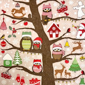 3 guardanapos de decupagem, corujas de Natal 13" x 13" desdobrados