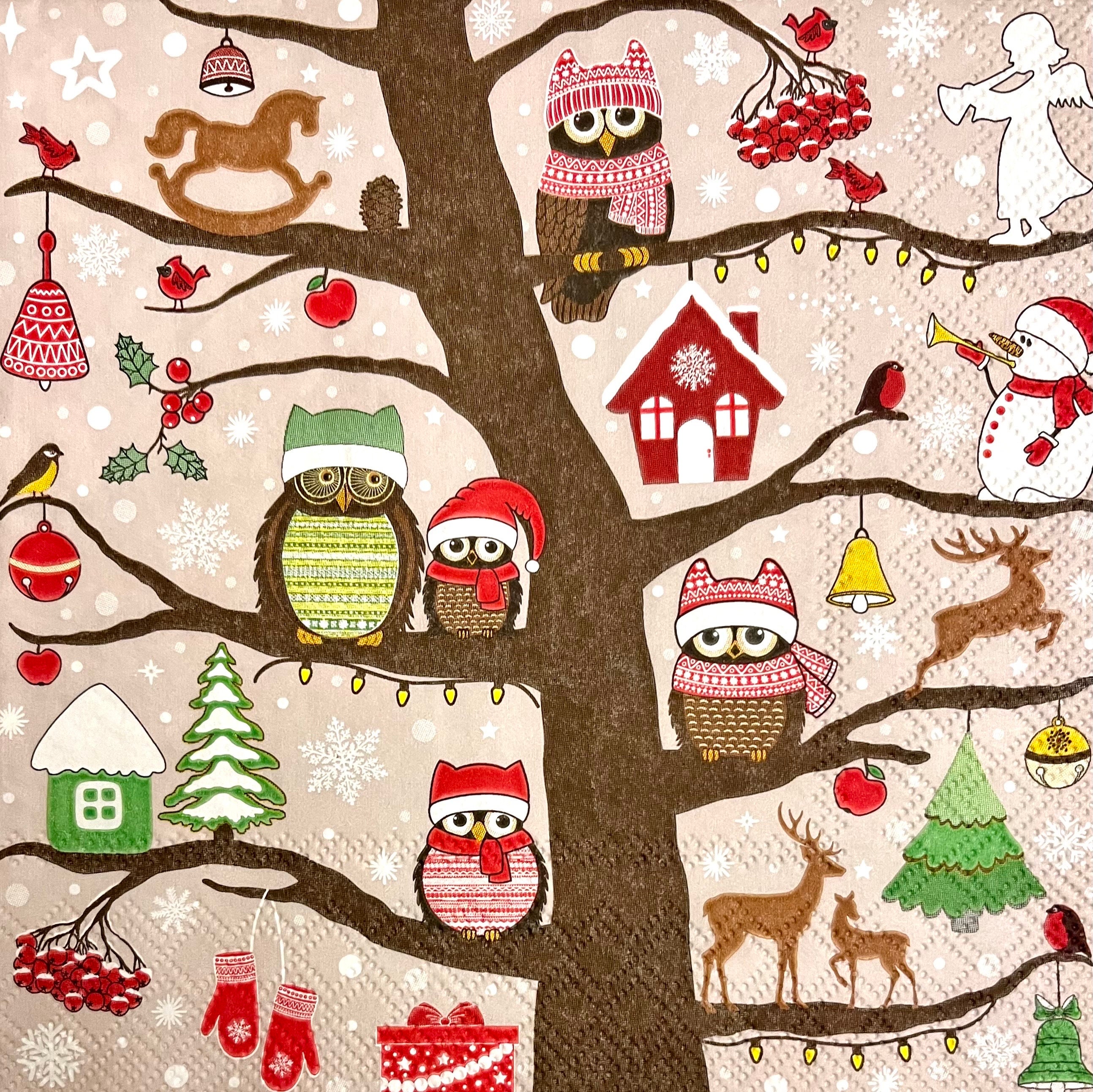 3 Decoupage Napkins, Christmas Owls 13" x 13" Unfolded
