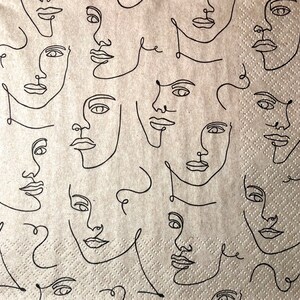 3 servilletas de decoupage, dibujo de caras abstractas beige negro, 13" x 13" sin doblar