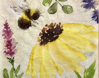3 Decoupage Beverage Napkins, Summer Bees, 10&quot; x 10&quot; Unfolded
