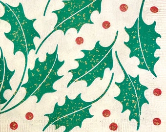 3 Vintage Decoupage Beverage Napkins, Christmas Holly Berries, 10" x 10" Unfolded
