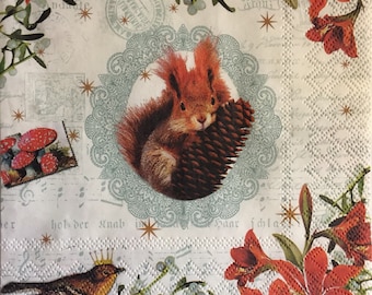 3 Decoupage Napkins, Squirrel with Pine Cone, 13" x 13"