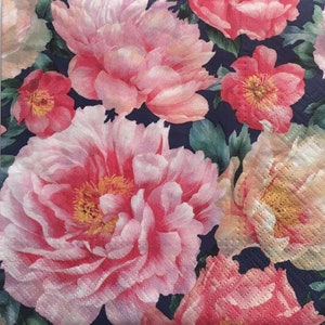 3 guardanapos de decoupage, flores de peônias rosa ousadas 13" x 13" fechadas