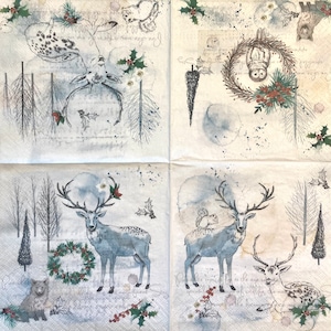3 serviettes de découpage, collage de hiboux de cerfs d’animaux de la forêt enneigée, 13 « x 13 » dépliées