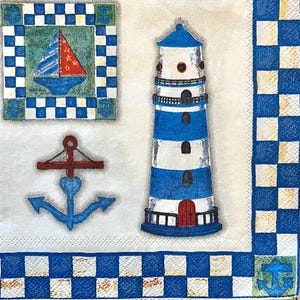 3 Decoupage Getränke-Servietten - Blauer Leuchtturm Marina Stories, 25,5 x 25,5 cm ungefaltet
