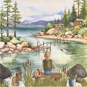 3 Decoupage-Servietten, Angeln am See, ungefaltet 33 cm x 33 cm