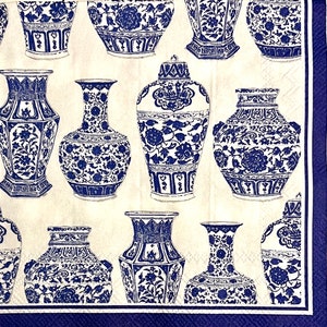 3 tovaglioli per bevande decoupage - vasi blu bianchi urne Rosanne Beck, 25,4 x 25,4 cm aperto