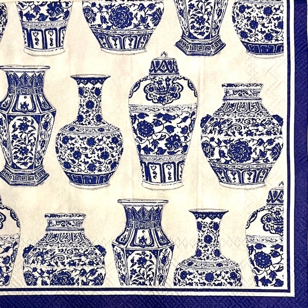 3 Decoupage Beverage Napkins - Blue White Vases Urns Rosanne Beck, 10" x 10" Unfolded