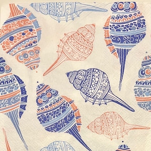 3 servilletas de bebidas decoupage, hermosas conchas marinas decoradas azul rosa, 10" x 10" desplegadas
