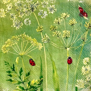 3 tovaglioli per decoupage, fiori gialli coccinelle rosse verdi, 13" x 13" spiegati