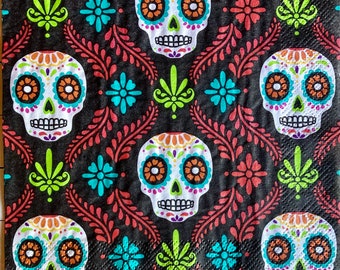 3 serviettes de découpage - Día De Los Muertos Jour des morts Crânes de Calavera, 13 » x 13 » dépliés