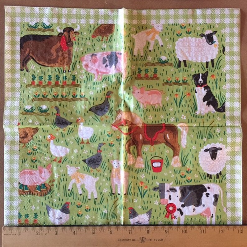 3 Decoupage Napkins Farm Animals Border Collie Green Etsy