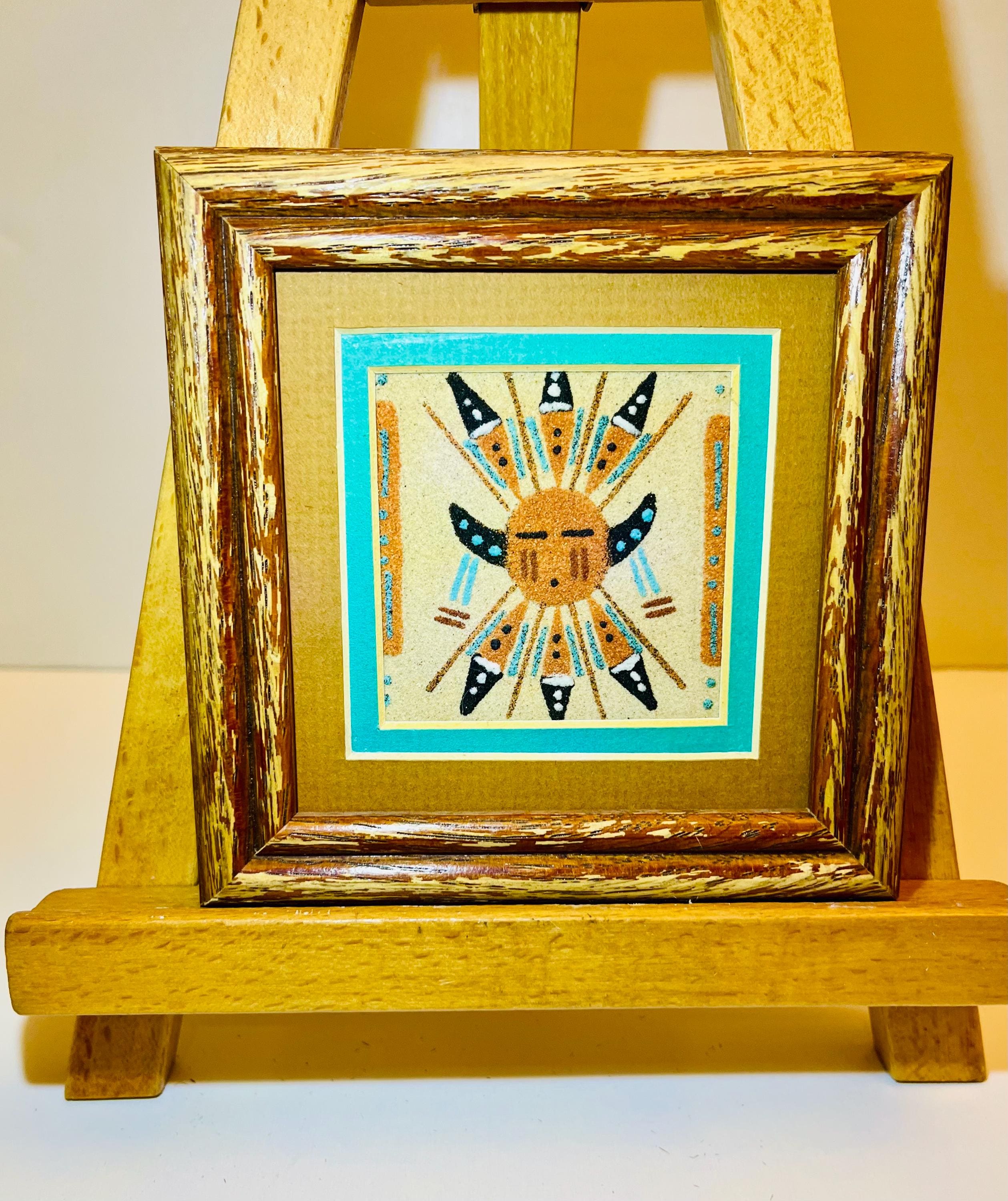 Vintage 5”x5” Small Framed Navajo Sand Painting Sun Shield, Signed 