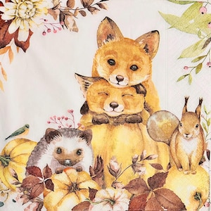 3 serviettes de table à servir, animaux de la forêt mignons d'automne, 33 x 33 cm non pliés
