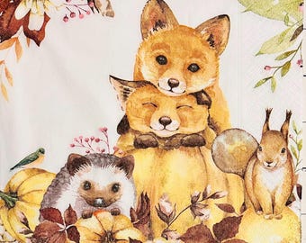 3 Decoupage Napkins, Autumn Cuteness Woodland Animals, 13" x 13" Unfolded