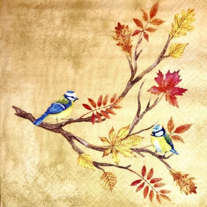 3 Decoupage Napkins - Little Birds on Chestnut Tree Branch Fall Foliage, 13&quot; x 13&quot; Unfolded