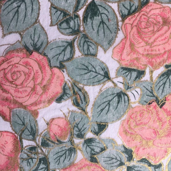ONE Vintage Decoupage Japanese Rice Paper Sheet, Freund-Mayer Pink Roses Green Leaves, 11.5" x 16", 30 cm x 41 cm